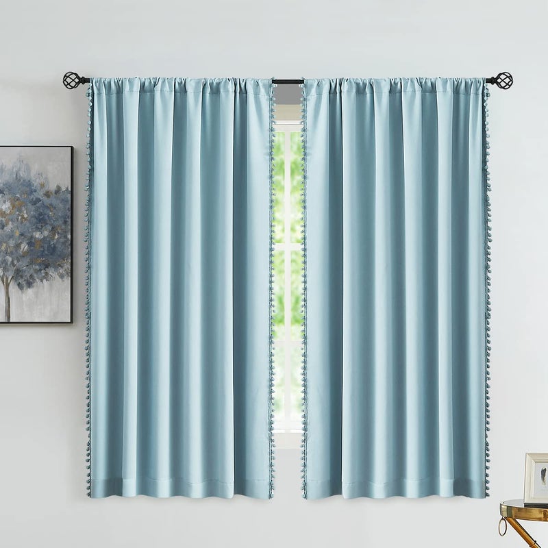 Treatmentex Blue Pom Pom Curtains for Living Room Bedroom 63 inch Thermal Insulated Half Blackout Curtain Drapes for Girls Boys Room Guest Room 52"" w x2 Panels Rod Pocket - Image 2