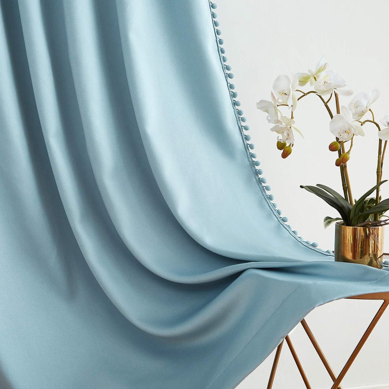 Treatmentex Blue Pom Pom Curtains for Living Room Bedroom 63 inch Thermal Insulated Half Blackout Curtain Drapes for Girls Boys Room Guest Room 52"" w x2 Panels Rod Pocket - Image 3