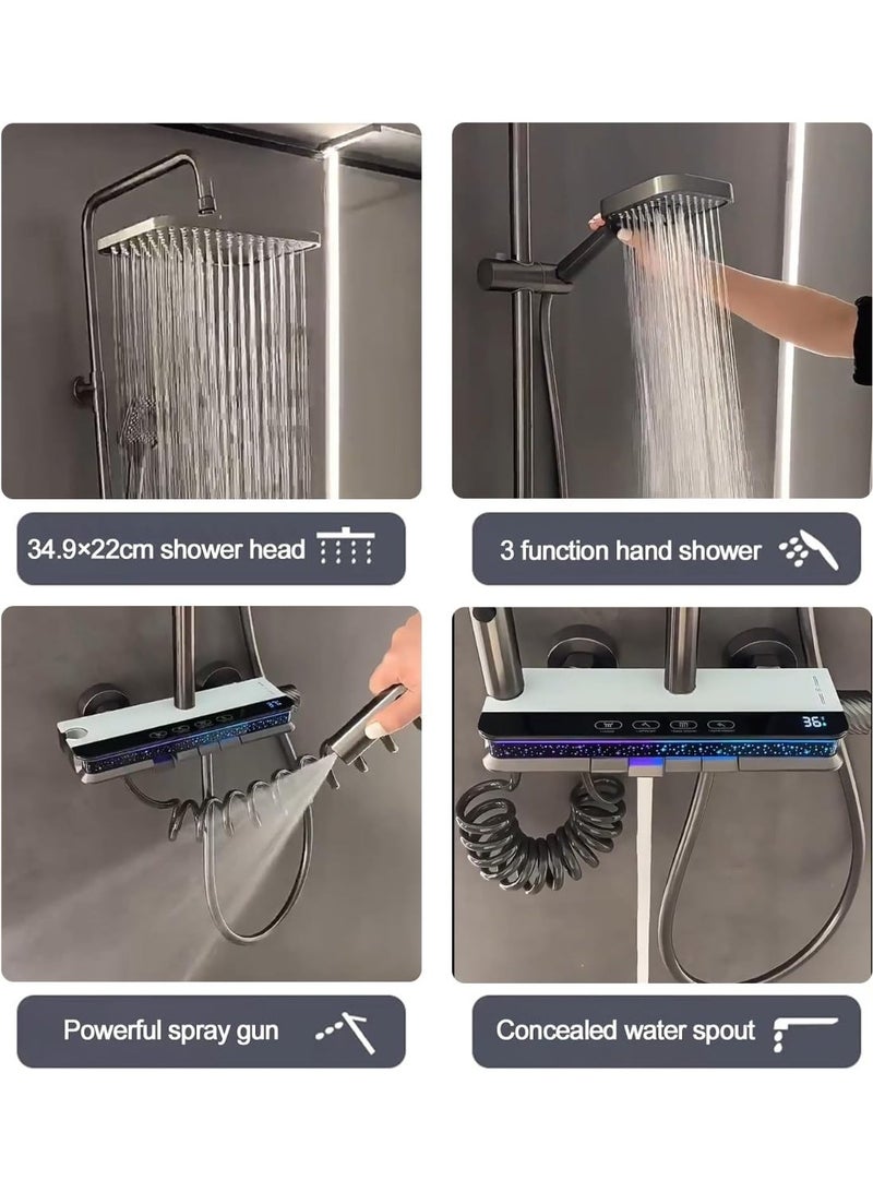 YOUWE7  Shower System Thermostatic Piano Shower Faucet Set with Digital Display Rain Shower Combo Set Wall Mounted Gray Shower System with LED Ambient Lights, 11" Head, 3 Mode Handheld, Tub Spout - Image 3