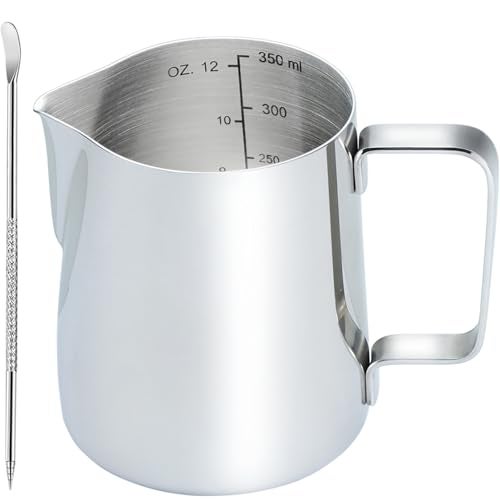 CAMKYDE Stainless Steel Milk Frothing Pitcher 12 oz, Espresso Steaming Pitcher with Decorating Pen for Espresso Machines, Cappuccino, Latte Art (Silver) - Image 1