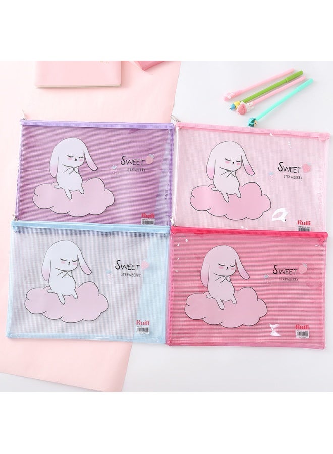 Children's Cartoon Animal Pvc Grid Zipper File Bag Cute Big Ear Rabbit Student Information Kit A4