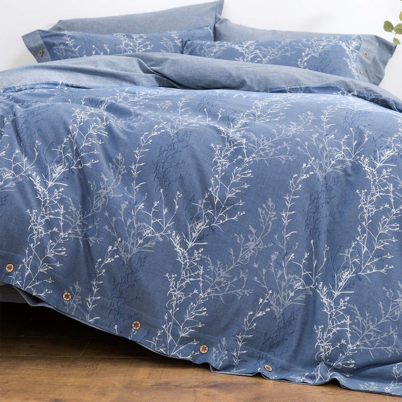 OREISE Duvet Cover Set FullQueen Size Washed Cotton Yarn Jacquard Blue and White Thin Branch Pattern Floral Style 3Piece Bedding Set