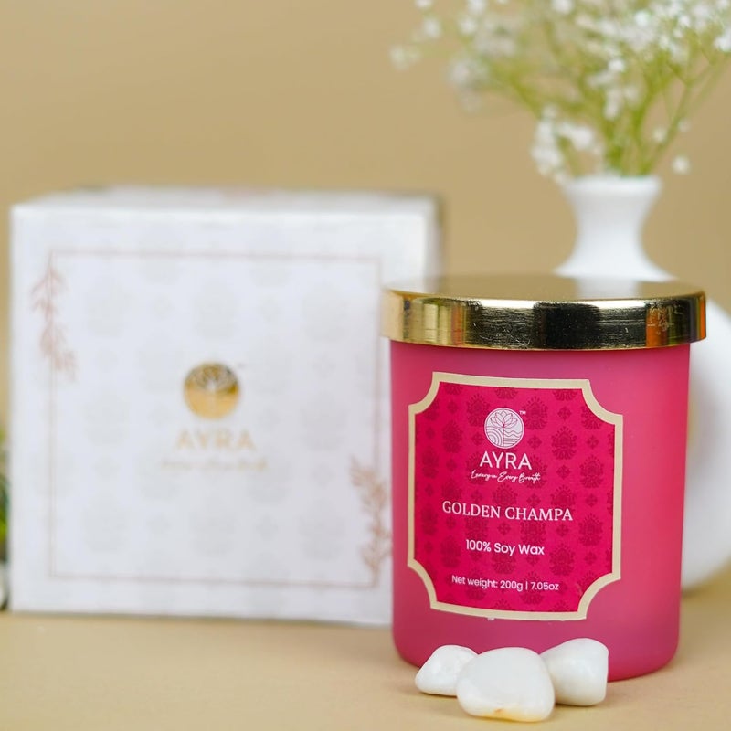 AYRA Premium Scented Candle Glass Jar 200g 100 Soy Wax and Natural Fragrance Aromatherapy Regalia Series Golden Champa - Image 1