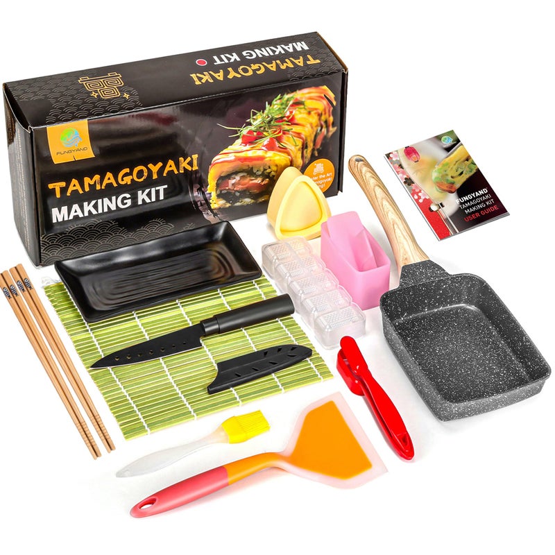 FUNGYAND Tamagoyaki Pan Set 12in1 Japanese Omelette Pan with Spatula Bamboo Mat Knife and Sushi Accessories 5x7 Inches Deluxe Cookware
