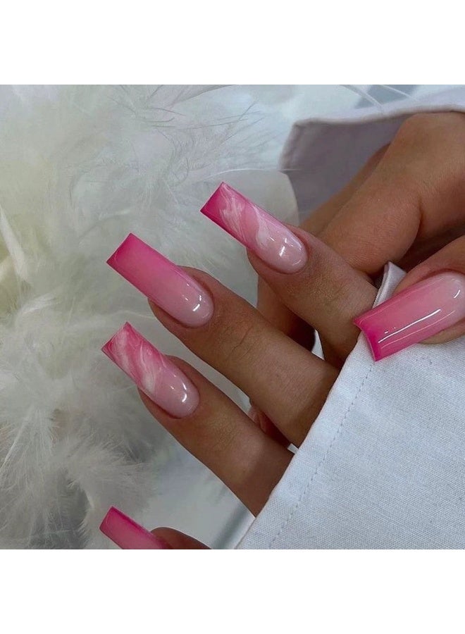 Goolsky أظافر ضغط مربعة طويلة فاخرة مع خطوط فرنسية وردية متدرجة للانتعاش الحلو - Image 1