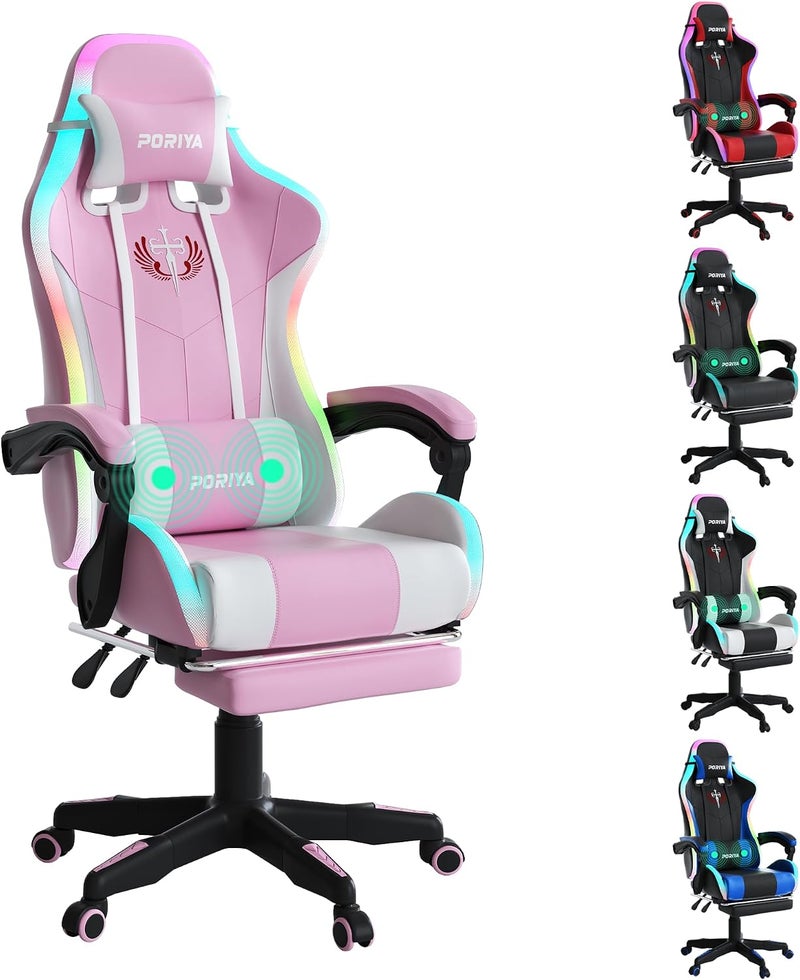 Gaming Chair with Adjustable Backrest, Ergonomic Executive Office Chair, Height Adjustable Racing Chair Maximum Gaming Experience (Pink Massage&LED) - Image 1