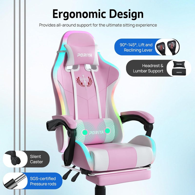 Gaming Chair with Adjustable Backrest, Ergonomic Executive Office Chair, Height Adjustable Racing Chair Maximum Gaming Experience (Pink Massage&LED) - Image 3