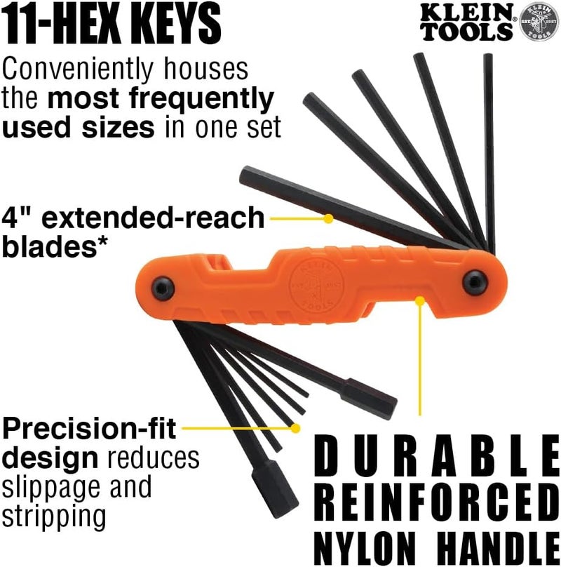 Klein Tools 70550 Hex Wrench Key Set, 11 SAE Sizes, Heavy Duty Folding Allen Wrench Tool with Extra Long Hex Keys - Image 3