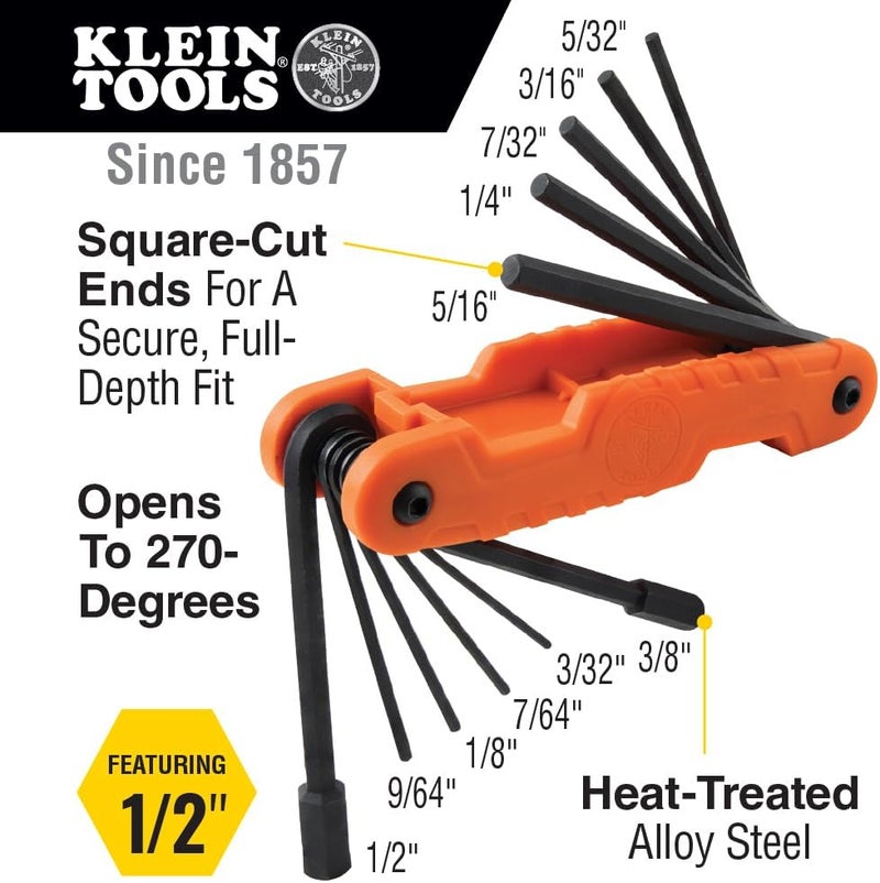 Klein Tools 70550 Hex Wrench Key Set, 11 SAE Sizes, Heavy Duty Folding Allen Wrench Tool with Extra Long Hex Keys - Image 2