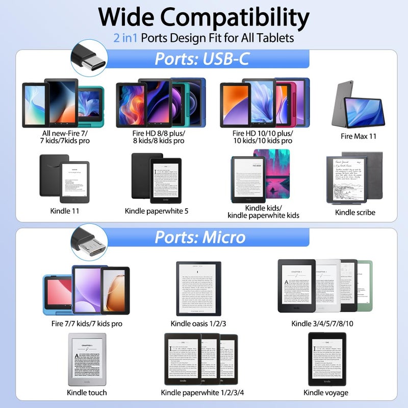 شاحن بطول 10 أقدام لجهاز أمازون فاير تابلت، عصا التلفزيون، كابل شحن مايكرو USB/USB C لهاتف سامسونج جالكسي، كابل أندرويد لكيندل بيبروايت، فاير إتش دي 10 8 7 بلس، كيدز برو، إصدار فوياج أجهزة لوحية تعمل باللمس - Image 2