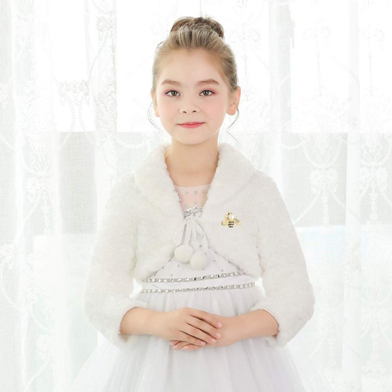 SK Studio Girls Princess Faux Fur Flower Bolero Shrug Party Wedding Dress Up Ivory - Image 3