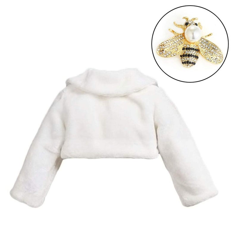 SK Studio Girls Princess Faux Fur Flower Bolero Shrug Party Wedding Dress Up Ivory - Image 2