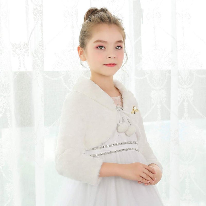 SK Studio Girls Princess Faux Fur Flower Bolero Shrug Party Wedding Dress Up Ivory - Image 4