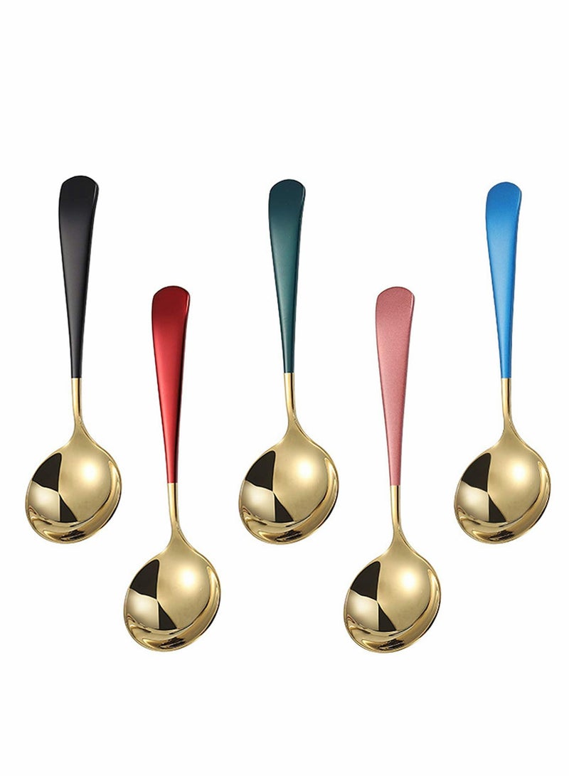 Premium Stainless Steel Soup Spoons Set of 5, Colorful Round Dinner Spoons with Thick Short Handles, 6.3 Inch Gold Finish  - Image 1