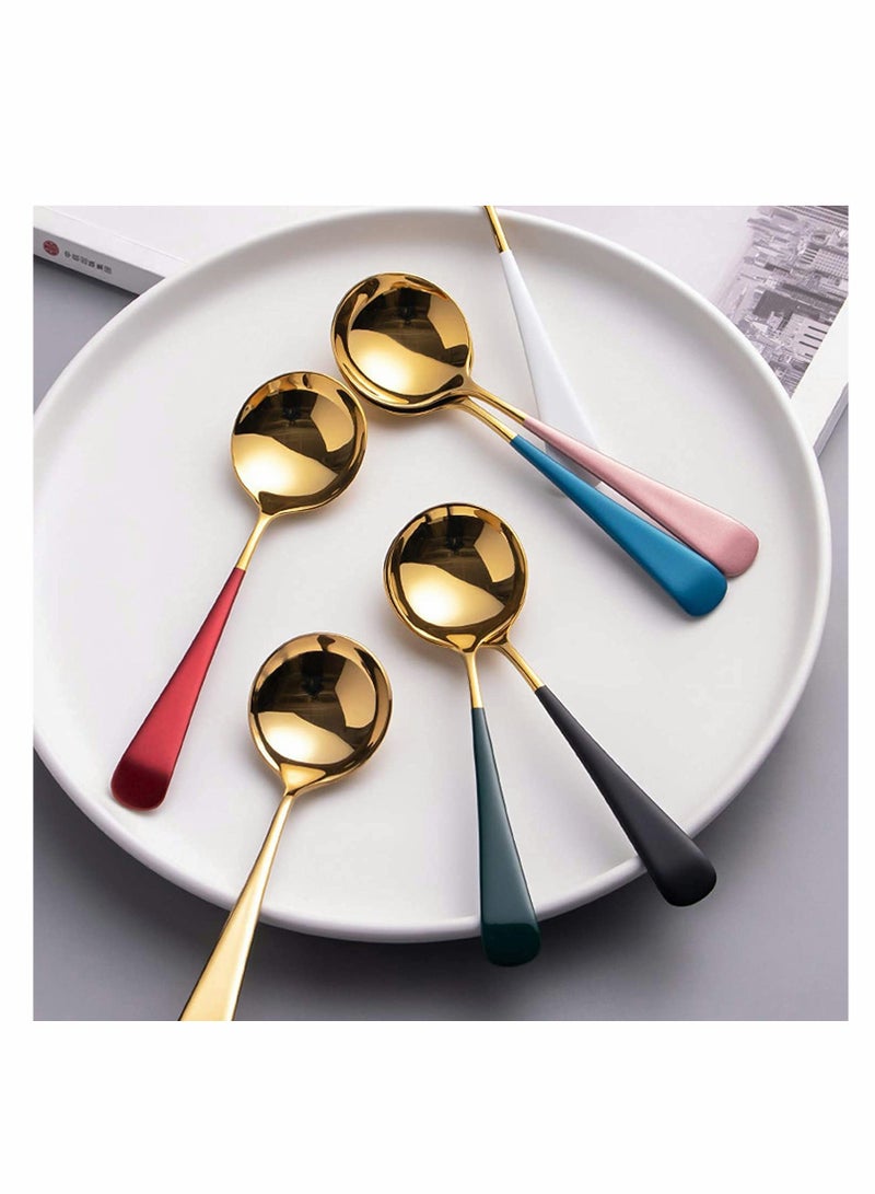 Premium Stainless Steel Soup Spoons Set of 5, Colorful Round Dinner Spoons with Thick Short Handles, 6.3 Inch Gold Finish  - Image 3