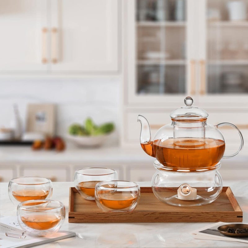 CnGlass 33.8oz Glass Teapot with Removable Infuser,Stovetop Safe Tea Kettle with 4-Pack Glass Teacups 3.4oz and Tea Warmer 5.3 in/13.5cm Diameter - Image 5