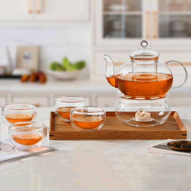 CnGlass 33.8oz Glass Teapot with Removable Infuser,Stovetop Safe Tea Kettle with 4-Pack Glass Teacups 3.4oz and Tea Warmer 5.3 in/13.5cm Diameter - Image 1