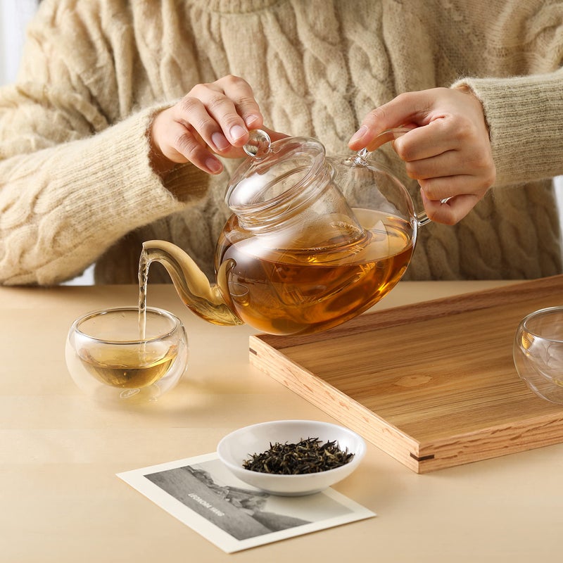 CnGlass 33.8oz Glass Teapot with Removable Infuser,Stovetop Safe Tea Kettle with 4-Pack Glass Teacups 3.4oz and Tea Warmer 5.3 in/13.5cm Diameter - Image 3