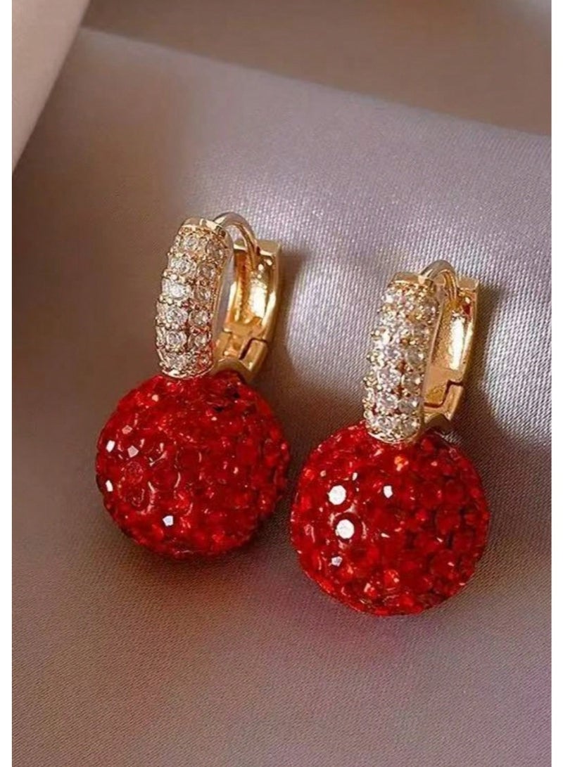 SHEIN1 Pair European & American Classic Versatile Fashionable New Year Zirconia Red Ball Earrings, 2025 New Viral Stud Earrings, Stylish Elegant Earrings For Women I - Image 4