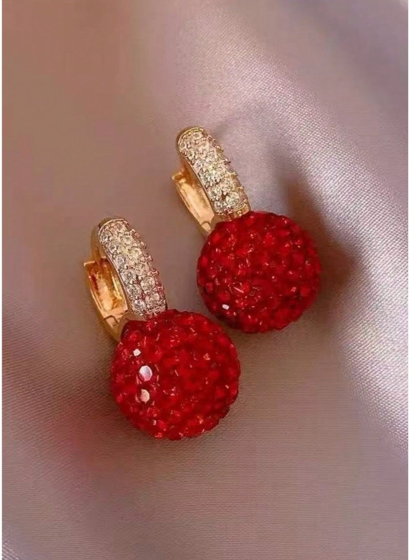 SHEIN1 Pair European & American Classic Versatile Fashionable New Year Zirconia Red Ball Earrings, 2025 New Viral Stud Earrings, Stylish Elegant Earrings For Women I - Image 3