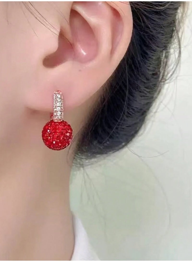 SHEIN1 Pair European & American Classic Versatile Fashionable New Year Zirconia Red Ball Earrings, 2025 New Viral Stud Earrings, Stylish Elegant Earrings For Women I - Image 2