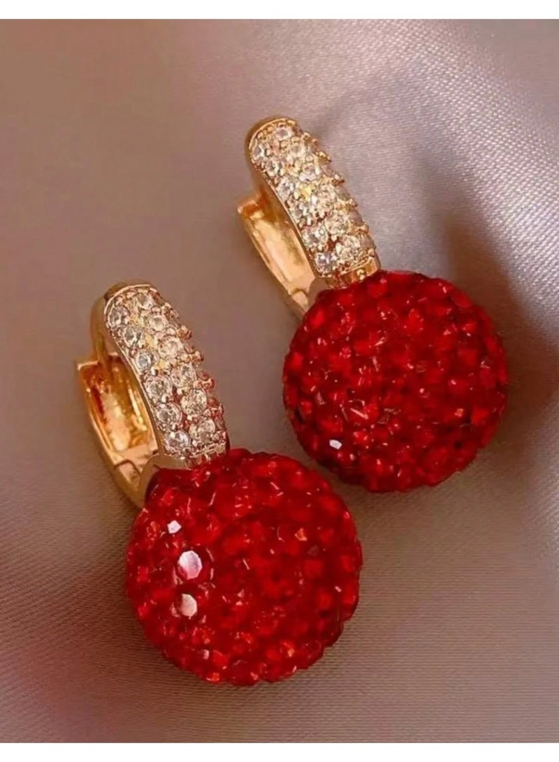 SHEIN1 Pair European & American Classic Versatile Fashionable New Year Zirconia Red Ball Earrings, 2025 New Viral Stud Earrings, Stylish Elegant Earrings For Women I - Image 5