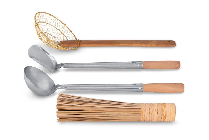 Craft Wok Tools 4 pcs Set: Ladle, Spatula, Strainer, Bamboo Brush/Utensils Traditional Asian Cookware with Wooden Handles / 732W9 - Image 3
