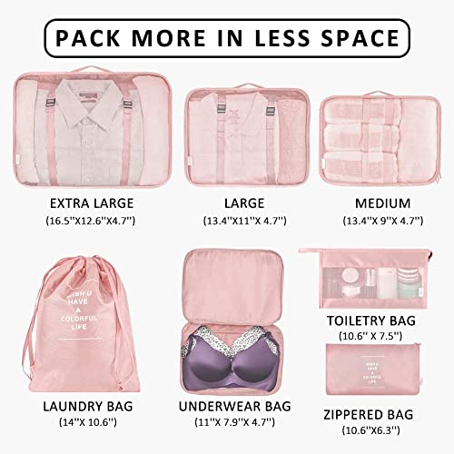 TS WITH TECHSUN 7 Pcs Travel Organizer Pouch Packing Cubes for Clothes Space Savers Bags Cosmetics/Underwear/Socks/Shoes Toiletry Bag Laundry Organiser (Nylon) (Pink) - Image 4