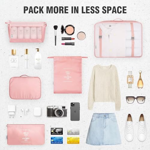 TS WITH TECHSUN 7 Pcs Travel Organizer Pouch Packing Cubes for Clothes Space Savers Bags Cosmetics/Underwear/Socks/Shoes Toiletry Bag Laundry Organiser (Nylon) (Pink) - Image 2