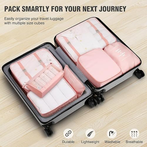 TS WITH TECHSUN 7 Pcs Travel Organizer Pouch Packing Cubes for Clothes Space Savers Bags Cosmetics/Underwear/Socks/Shoes Toiletry Bag Laundry Organiser (Nylon) (Pink) - Image 5