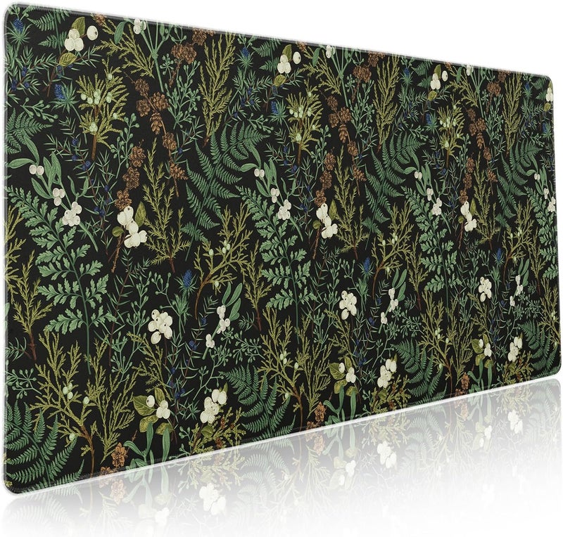 aportt Black Aesthetic Vintage Botanical Gaming Mouse Pad XXL Cute Forest Green Plant Nature Floral Extended Large Mouse Pad Big Mousepad Non-Slip Stitched Edge Long Mat for Desk Office Computer,35.4x15.7 in - Image 1