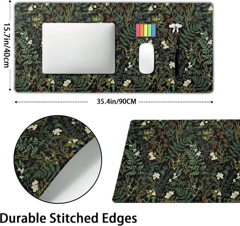aportt Black Aesthetic Vintage Botanical Gaming Mouse Pad XXL Cute Forest Green Plant Nature Floral Extended Large Mouse Pad Big Mousepad Non-Slip Stitched Edge Long Mat for Desk Office Computer,35.4x15.7 in - Image 2