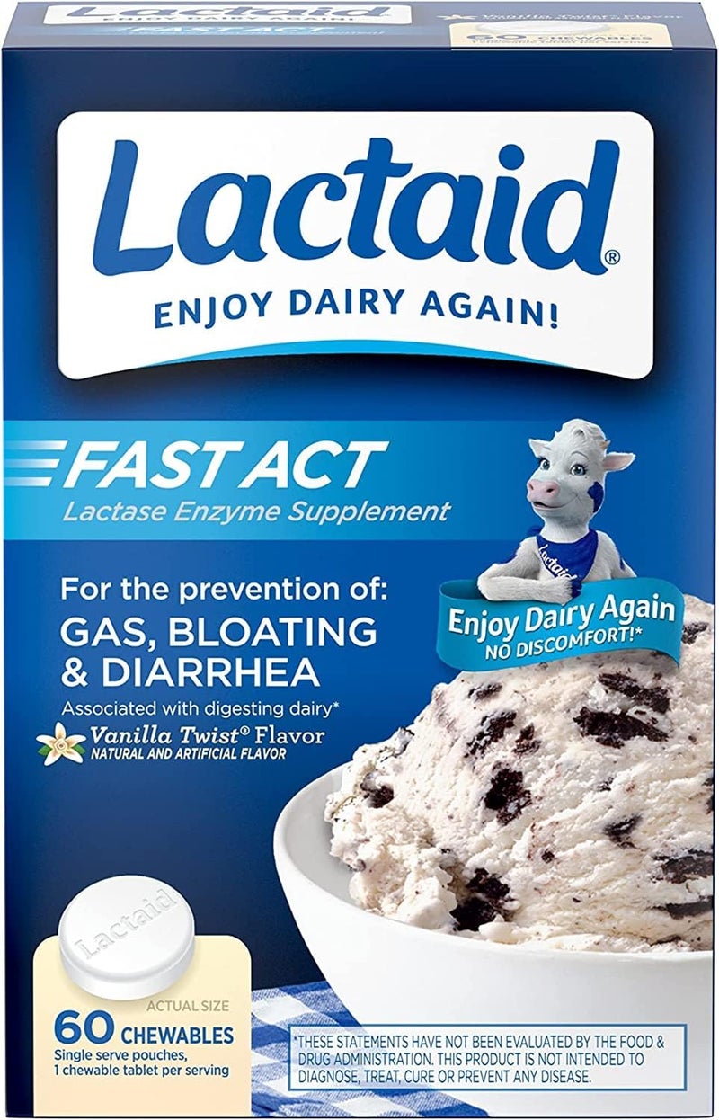 Lactaid أقراص سريعة المفعول لتخفيف عدم تحمل اللاكتوز مع إنزيم اللاكتاز لمنع الغازات والانتفاخ والإسهال بسبب حساسية اللاكتوز، مثالية للسفر والتنقل، نكهة الفانيليا، 60 عبوة من 1-قطعة (5 عبوات) - Image 1