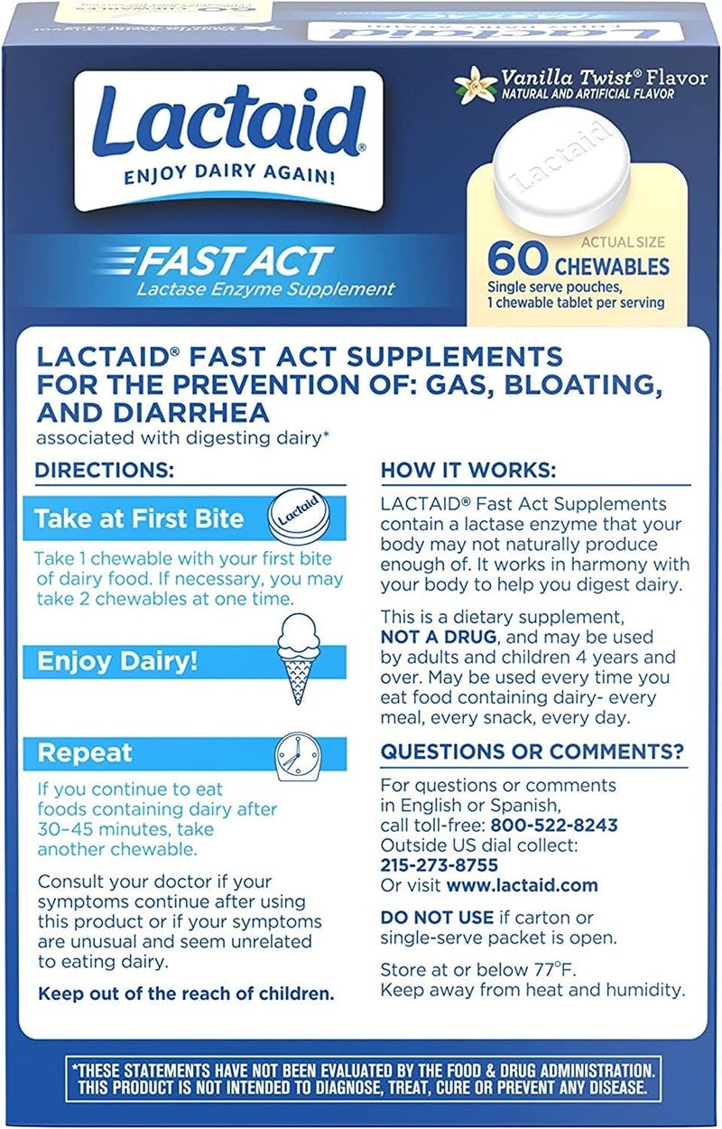 Lactaid أقراص سريعة المفعول لتخفيف عدم تحمل اللاكتوز مع إنزيم اللاكتاز لمنع الغازات والانتفاخ والإسهال بسبب حساسية اللاكتوز، مثالية للسفر والتنقل، نكهة الفانيليا، 60 عبوة من 1-قطعة (5 عبوات) - Image 2