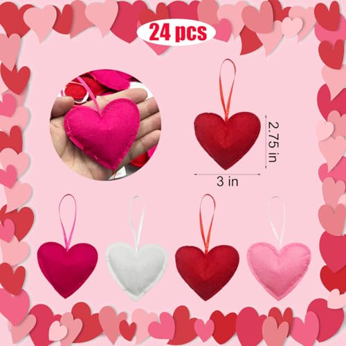 Suartus Felt Heart Ornament, 24Pcs Valentines Day Felt Heart Hanging Ornaments Red Pink Hearts Shaped Ornament Bulk for Valentine Day Wedding Anniversary Party Decorations - Image 2