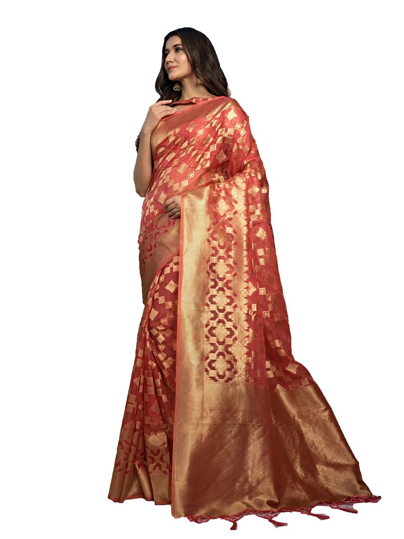 Vardha Women's Organza Art Silk Saree Zari Work, Woven Design With Blouse Piece - Peach Sari Kalini Silk, 435 - Image 1