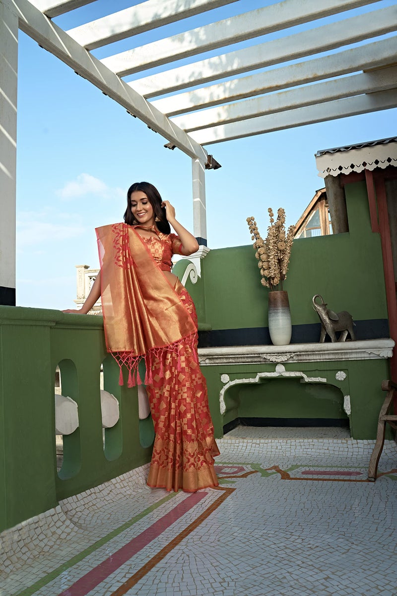 Vardha Women's Organza Art Silk Saree Zari Work, Woven Design With Blouse Piece - Peach Sari Kalini Silk, 435 - Image 3