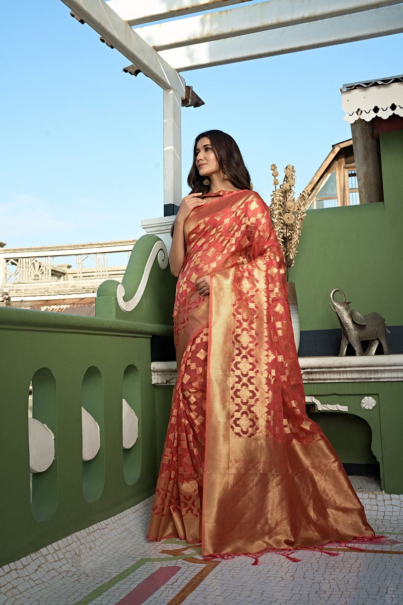 Vardha Women's Organza Art Silk Saree Zari Work, Woven Design With Blouse Piece - Peach Sari Kalini Silk, 435 - Image 2