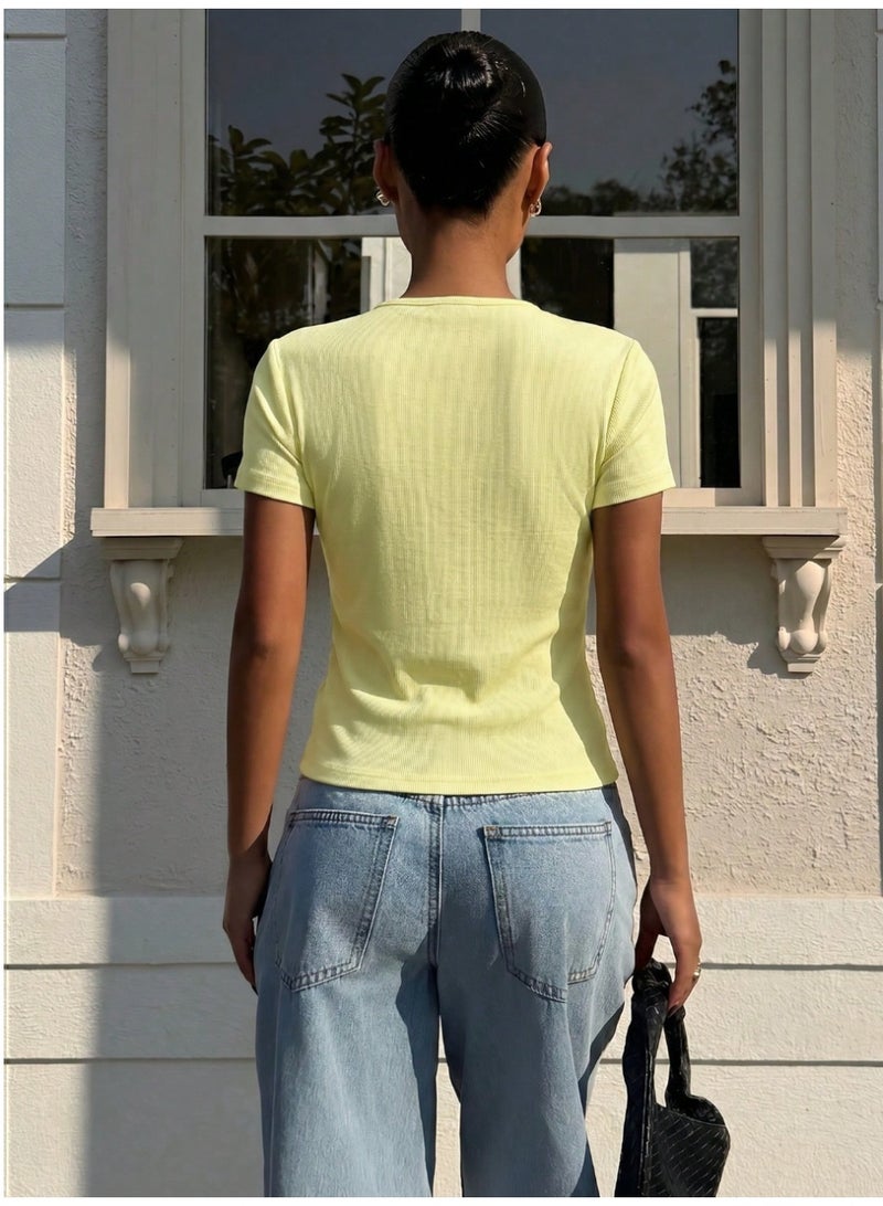 Shein Yellow Knit Women's Fitted T-Shirt Tops For Women Stylish Cute Latest New Arrivals Short Sleeve Summer Top Holiday Vacation Casual - Image 2