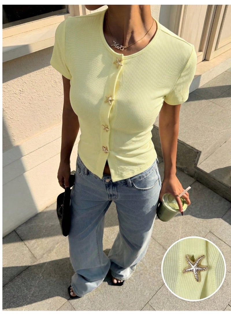 Shein Yellow Knit Women's Fitted T-Shirt Tops For Women Stylish Cute Latest New Arrivals Short Sleeve Summer Top Holiday Vacation Casual - Image 5