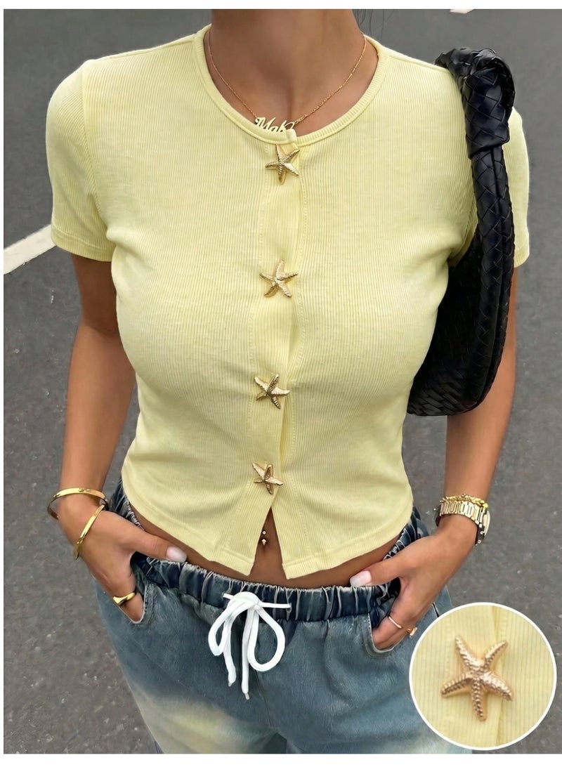 Shein Yellow Knit Women's Fitted T-Shirt Tops For Women Stylish Cute Latest New Arrivals Short Sleeve Summer Top Holiday Vacation Casual - Image 1