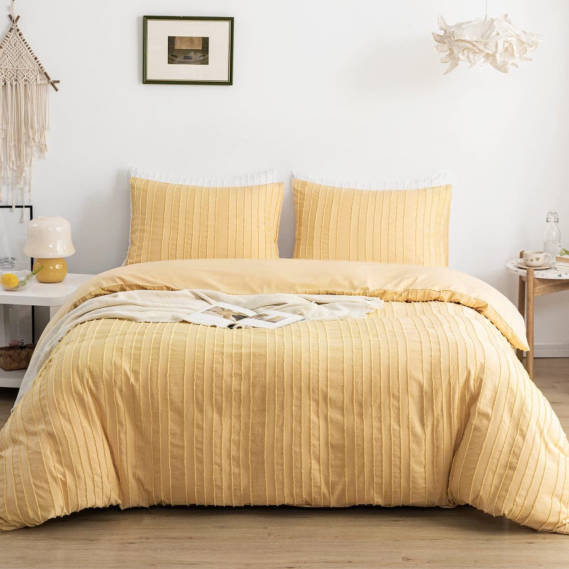 WARMDERN Yellow Boho Duvet Cover Set Queen Size Striped Textured Duvet Cover Tufted Bedding Set 3 Pcs Ultra Soft Washed Microfiber Duvet Cover with Zipper Closure Queen Yellow