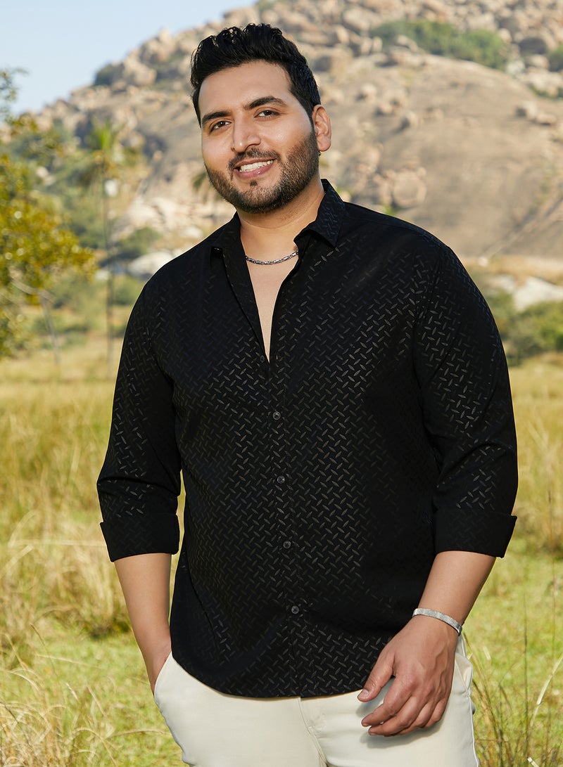 Instafab Plus Men's Onyx Black Marquise-Imprint Shirt For Casual Wear | Spread Collar | Long Cuffed Sleeves | Button Closure | Plus Size Shirt Crafted With Comfort Fit For Everyday Wear - Image 2