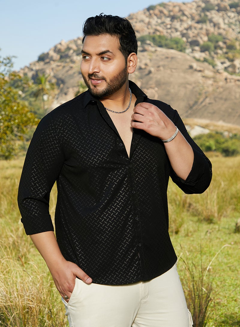 Instafab Plus Men's Onyx Black Marquise-Imprint Shirt For Casual Wear | Spread Collar | Long Cuffed Sleeves | Button Closure | Plus Size Shirt Crafted With Comfort Fit For Everyday Wear - Image 3