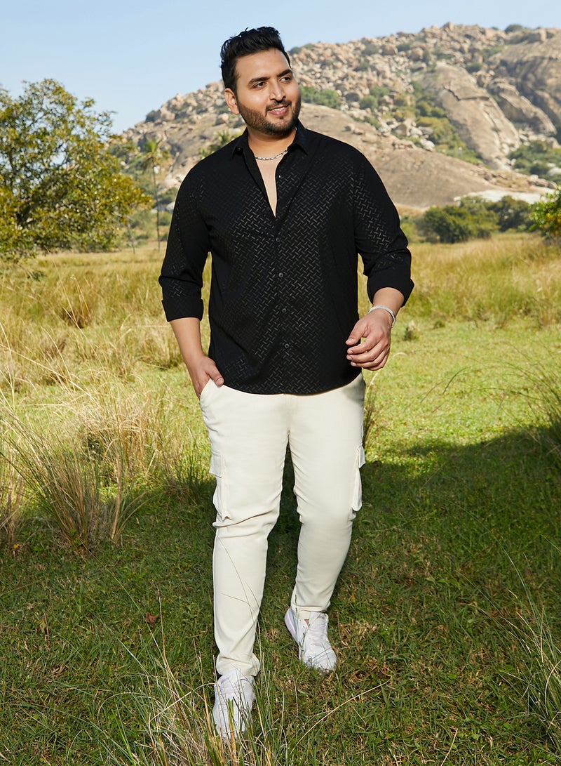 Instafab Plus Men's Onyx Black Marquise-Imprint Shirt For Casual Wear | Spread Collar | Long Cuffed Sleeves | Button Closure | Plus Size Shirt Crafted With Comfort Fit For Everyday Wear - Image 5