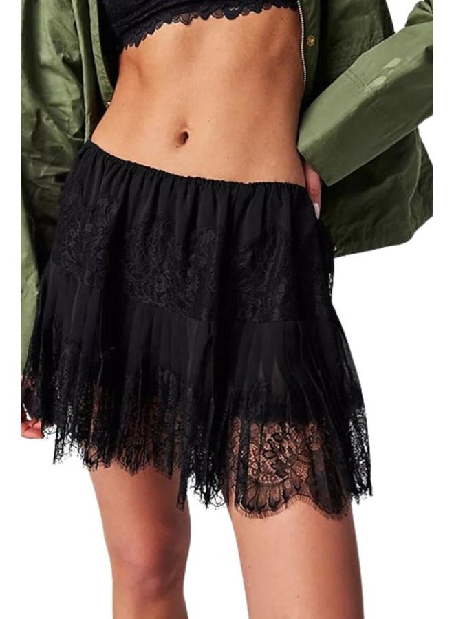 NUFIWI Women Y2k Lace Mini Skirt Low Rise Pleated Ruffle Half Slip Skirt Layered Flowy Short Skirt Streetwear(Black 02,Large) - Image 1