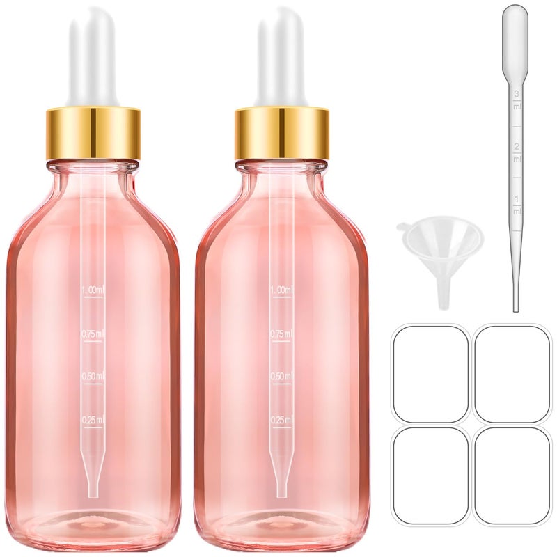Bumobum Glass Bottle with Dropper, 4 oz Pink Tincture Bottle for Essential Oils with Labels and Funnels, 2 Pack Eye Dropper Bottles with Golden Top (Unbreakable Plastic Eye Dropper with Measurements) - Image 1