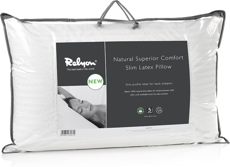 Relyon Superior Comfort Slim Breathable Natural Latex Pillow with a Soft 100 Cotton Cover White W63cm x H45cm x Depth 10cmPack of 1