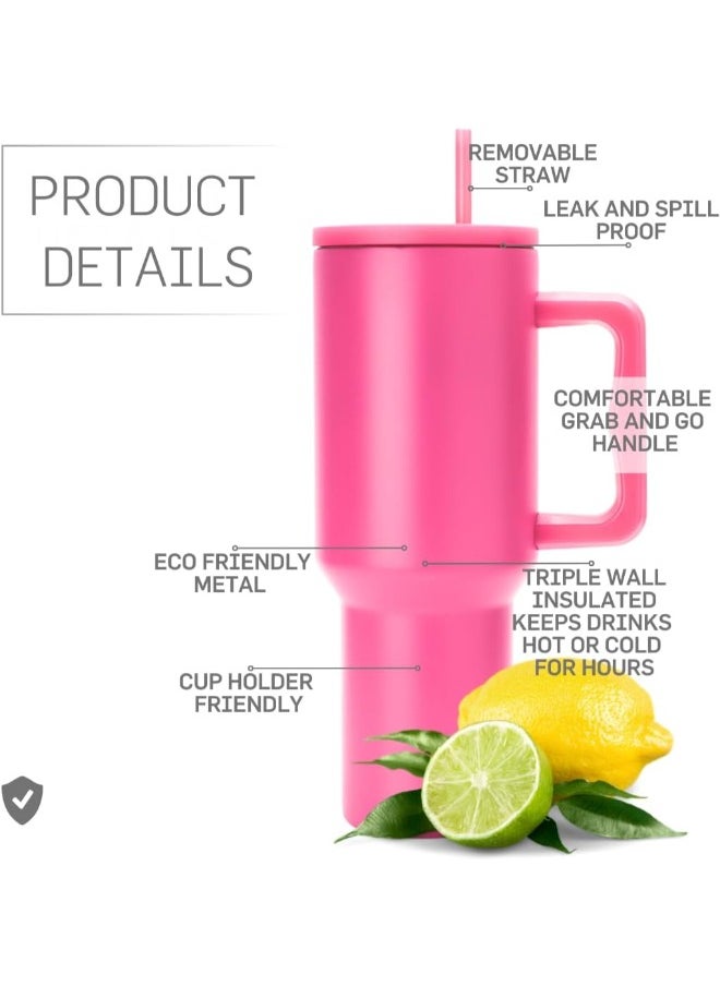 Executive LLC - Five Wall Vacuum Insulated Stainless Steel Tumbler with Straw and Lids 40 oz Leakproof Travel Mug for Hot and Cold Drinks BPA-Free Powder Coated (Dark Pink) - Image 1