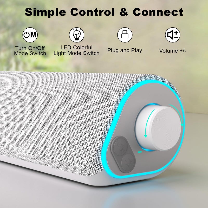 SOULION مكبرات صوت كمبيوتر بلوتوث SOULION R50، مكبرات صوت تعمل بالطاقة عبر USB لجهاز الكمبيوتر المكتبي، 3.5 مم سلكية وأضواء LED ملونة، شريط صوت محيطي لجهاز الكمبيوتر المحمول، أبيض - Image 3